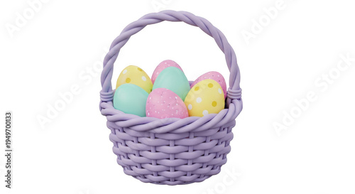 A colorful assortment of easter eggs in a woven basket isolated on transparent background