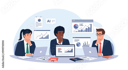 Diverse professional business team in formal suits sitting at a desk analyzing financial data charts, bar graphs, and analytics on laptops and floating digital dashboard screens.