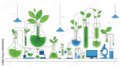 Botanical laboratory setup with plants growing in beakers and test tubes on a white background