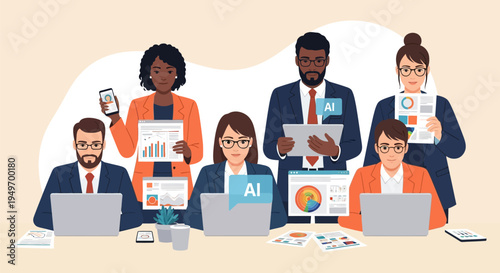 Flat vector illustration of a diverse group of professional business analysts using laptops and tablets to review digital data charts and artificial intelligence reports.