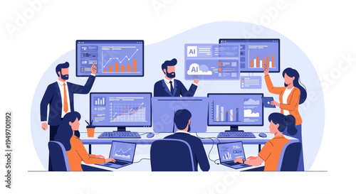 Businessman analyzing data on tablet at desk.