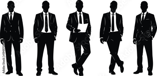 Business silhouettes of professional men in suits and ties representing corporate culture, teamwork, leadership, and workplace attire vector illustration