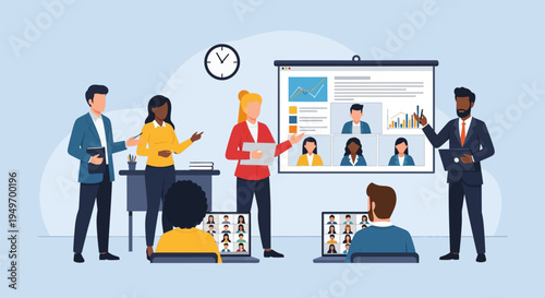 Vector illustration of a diverse corporate team conducting a hybrid meeting or training session with remote participants visible on a large projector screen and laptop displays.