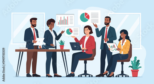 Diverse business professionals collaborating in an office, analyzing data charts, pie graphs, and reports on a laptop and documents in a flat vector illustration style.