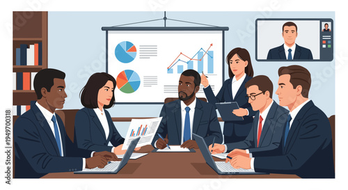 Diverse professional business team in a corporate meeting room discussing financial data on charts while a remote colleague joins via video call on a wall screen monitor.
