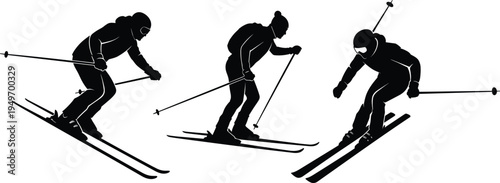 Dynamic downhill skiing silhouettes showcasing motion, balance, and winter sports technique with ski poles, helmets, goggles, and snowy mountain adventure scene