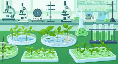 Greenhouse laboratory with various plants growing in petri dishes on a green table surrounded by scientific equipment