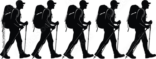 Vector illustration of multiple hikers walking in unison with backpacks and trekking poles, outdoor adventure silhouette pattern design concept