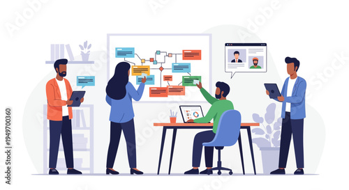 Diverse multicultural team working on product management strategy and workflow planning using a visual whiteboard, laptops, and tablets in a modern office environment.