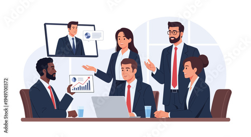 Professional flat vector illustration of a diverse business team in suits conducting a hybrid meeting with a remote colleague, reviewing financial data charts and statistics.