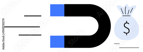 Financial success, marketing strategies, wealth management, business growth, goal achievement, economic principles. Magnet pulling a money bag. Financial success and marketing strategies concept