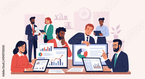 Diverse team of human resources managers and professionals analyzing business data analytics, performance charts, and recruitment statistics on digital screens in a modern office.