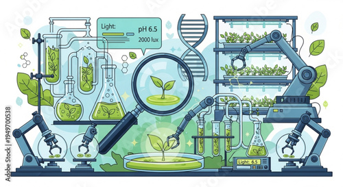 Biotechnology laboratory with robotic arms and microscopes examining plant growth in a controlled environment with dna helix and various scientific equipment