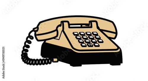 Cartoon tan landline telephone with black cord isolated on empty white background