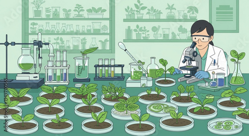 Scientist examining plants in a laboratory with microscope and various equipment
