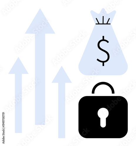 Money bag representing wealth, lock symbolizing security, and upward arrows indicating growth and progress. Ideal for financial security, investment strategies, business growth, savings, economy