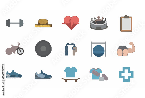 Flat Fitness and Sports Vector Icon Set with Barbell Bike and Health Symbols