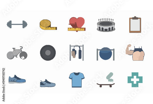 Flat Fitness and Sports Vector Icon Set with Barbell Bike and Health Symbols