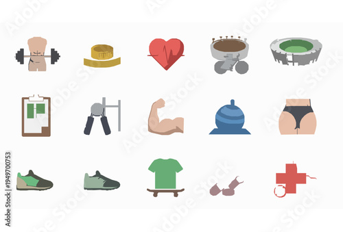 Sports Fitness Training Flat Icon Set with Barbell Bike and Gym Equipment