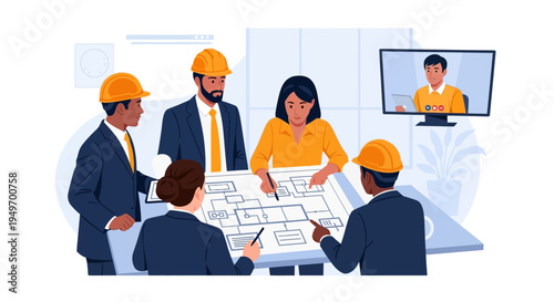 Multi-ethnic team of professional engineers and architects wearing safety helmets and suits reviewing technical blueprints together with a remote team member via video call.
