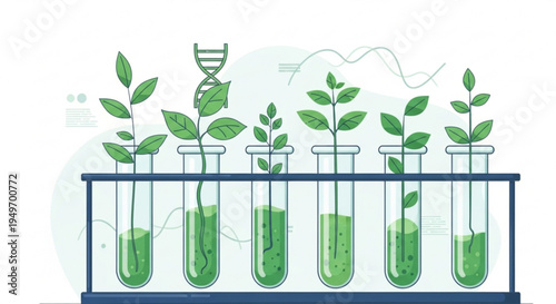Green plants growing in test tubes on a laboratory rack with dna double helix and biotechnology concepts