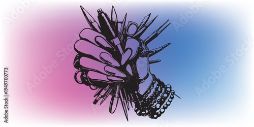 Close up of a hand with long nails holding various sharp objects.