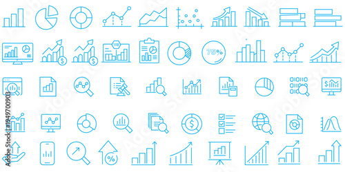 Chart and Graph line icon set. Contains such symbols as object, graphic, info, increase, graph, arrow, data and more. Collection of simple line web icons. Editable vector art. Stats icon set.