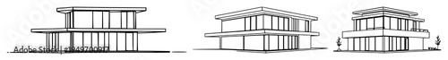 Modern flat roof building set with continuous line art drawing style featuring minimalist black line, isolated sketch, vector illustration with roof and structure