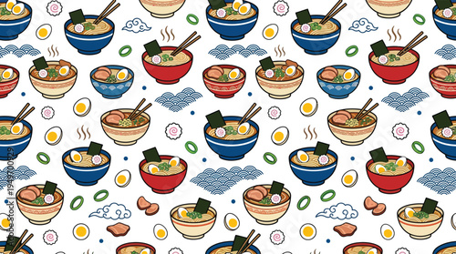 Cute Ramen Bowl Pattern - Japanese Noodle Soup with Eggs and Seaweed