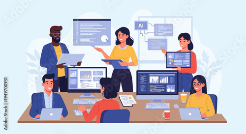 Vector illustration of a diverse team of software developers collaborating in an office, working on computer code, artificial intelligence diagrams, and data analytics on screens.