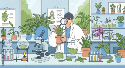 Scientist examining plants in a laboratory with various equipment and potted plants around