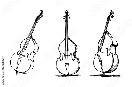 Double bass set with sketchbook style drawing featuring upright double bass, black ink pen, artistic textures with illustration and black and white