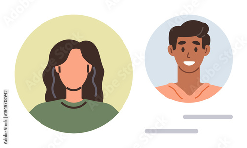 Online user identity, avatars, social communication, networking, user profiles, digital . Two circular profile icons male and female characters. Online user identity and avatar concept