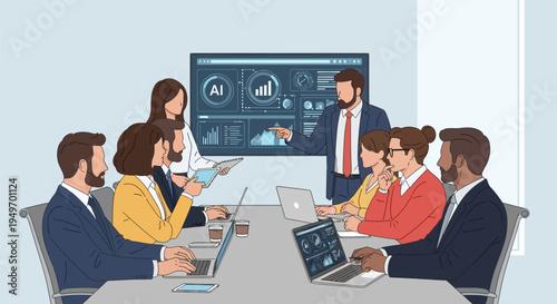 Professional diverse business team collaborating in a modern boardroom while a male leader presents artificial intelligence data analytics and financial charts on a large screen.