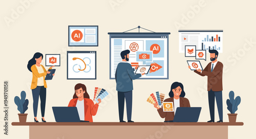 Flat vector illustration of a diverse team of creative strategists working on AI design projects with laptops, digital tablets, color swatches, and analytical charts.