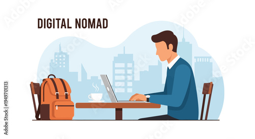 Vector illustration of a male digital nomad working on a laptop at a table with a hot cup of coffee and a backpack, featuring a stylized city skyline background and text description.