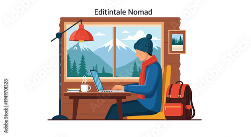 Flat vector illustration of a man wearing a beanie and scarf working on a laptop at a wooden desk inside a mountain cabin with a view of snow-capped peaks and pine trees.