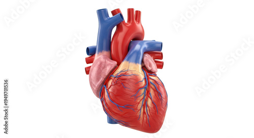 Detailed anatomical illustration of the human heart showing its internal structures isolated on transparent background