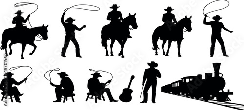 Cowboy and western silhouettes collection with horse riders, lasso actions, guitar, train and sheriff figure isolated, wild west theme