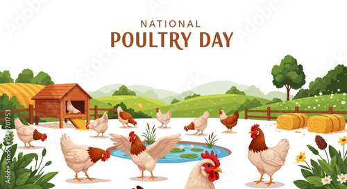 Vector illustration of chickens and a farm on National Poultry Day with a scenic rural landscape and barn in the background.