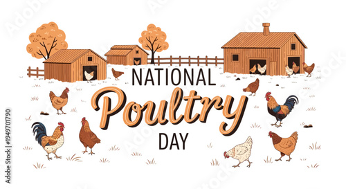 Illustration of a farm scene celebrating National Poultry Day with chickens and rustic buildings in a colorful, flat design.