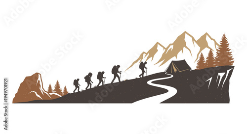 Hikers ascending mountain path towards tent symbolizing adventure