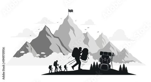Hikers ascending mountain silhouette reaching summit flag success concept