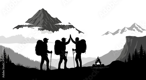 Hikers celebrating success with high five gesture against mountain backdrop