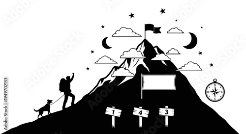 Man and dog climb mountain vector illustration for success concept