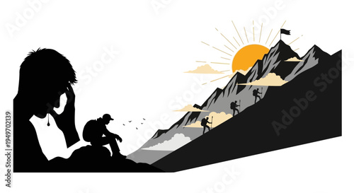 Man contemplating success overcoming challenges reaching mountain peak