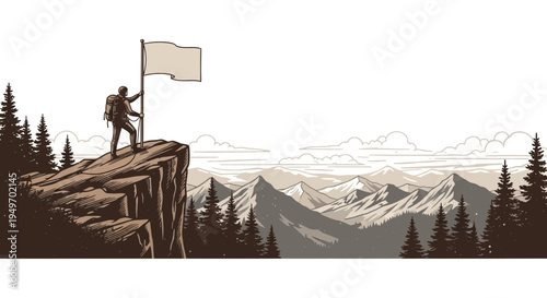Man reaching mountain summit planting flag vector illustration