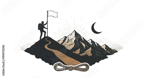 Man reaches mountain peak with flag symbolizing achievement and success