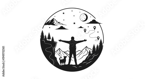 Man stands with arms outstretched with dog and mountainous landscape design