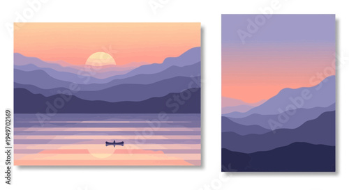 Minimalist landscape paintings sunset over lake and mountains